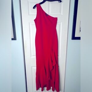 Red One Shoulder Frill Split Maci Dress